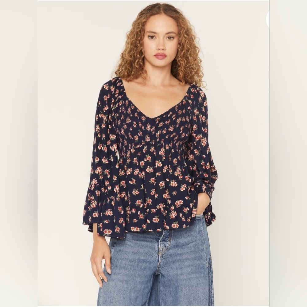 Boho Bell Sleeves Smocked Floral Top Ruffle Festival Cottagecore Navy Blue XL